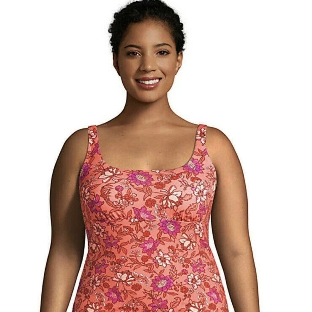 Lands End Tankini Top Swimsuit 10 Coral Floral Underwire Beach Pool Swim UPF 50